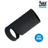 Открытая насадка на пенис с кольцом для мошонки XXL-size 9,4 см черная