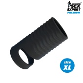 Открытая насадка на пенис с кольцом для мошонки XL-size 8,9 см черная