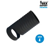 Открытая насадка на пенис с кольцом для мошонки L-size 8,5 см черная