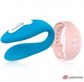 Голубой вибратор для пар с нежно-розовым пультом-часами Weatwatch Dual Pleasure Vibe