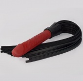 Плеть Ракета с кожаными хвостами и ручкой фаллосом черная - 65 см