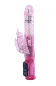 Розовый вибратор с ротацией, функцией Up Down и клиторальным отростком - 23,5 см.