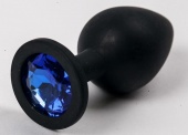 Черная силиконовая анальная пробка с синим кристаллом - 9,5 см.