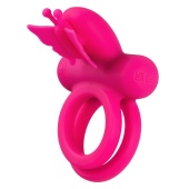 Розовое эрекционное виброкольцо Silicone Rechargeable Dual Butterfly Ring