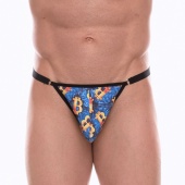 Синие мужские трусы-тонги с разноцветным принтом