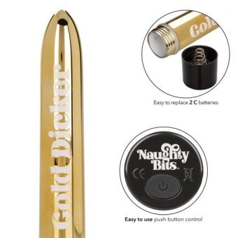 Золотистый классический вибратор Naughty Bits Gold Dicker Personal Vibrator - 19 см.