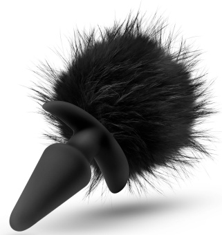 Силиконовая анальная пробка с чёрным заячьим хвостом Bunny Tail Pom Plug - 12,7 см.