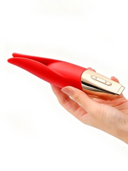 Красный мини-вибратор с раздвоенным кончиком - 12,3 см.