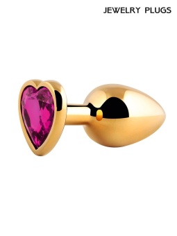 Золотистая анальная пробка с малиновым кристаллом - 9 см.