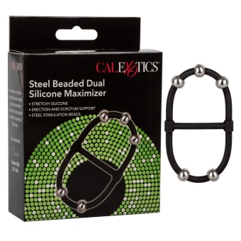 Черное эрекционное кольцо с бусинами Steel Beaded Dual Silicone Maximizer