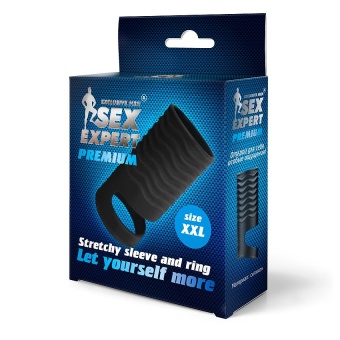 Открытая насадка на пенис с кольцом для мошонки XXL-size 9,4 см черная