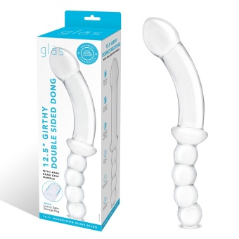 Стеклянный двусторонний фаллоимитатор Girthy Double Sided Dong With Anal Bead прозрачный