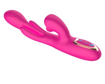 Розовый вибратор со стимуляцией клитора и фингерингом - 23,5 см.