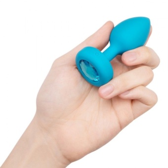 Маленькая вибропробка b-Vibe Vibrating Jewel Plug с кристаллом и пультом бирюзовая- 10 см