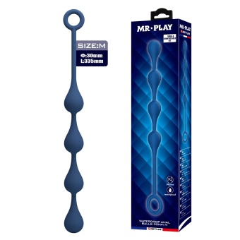 Синяя анальная ёлочка с кольцом Waterdrop Anal Balls 30 mm M - 33,5 см.
